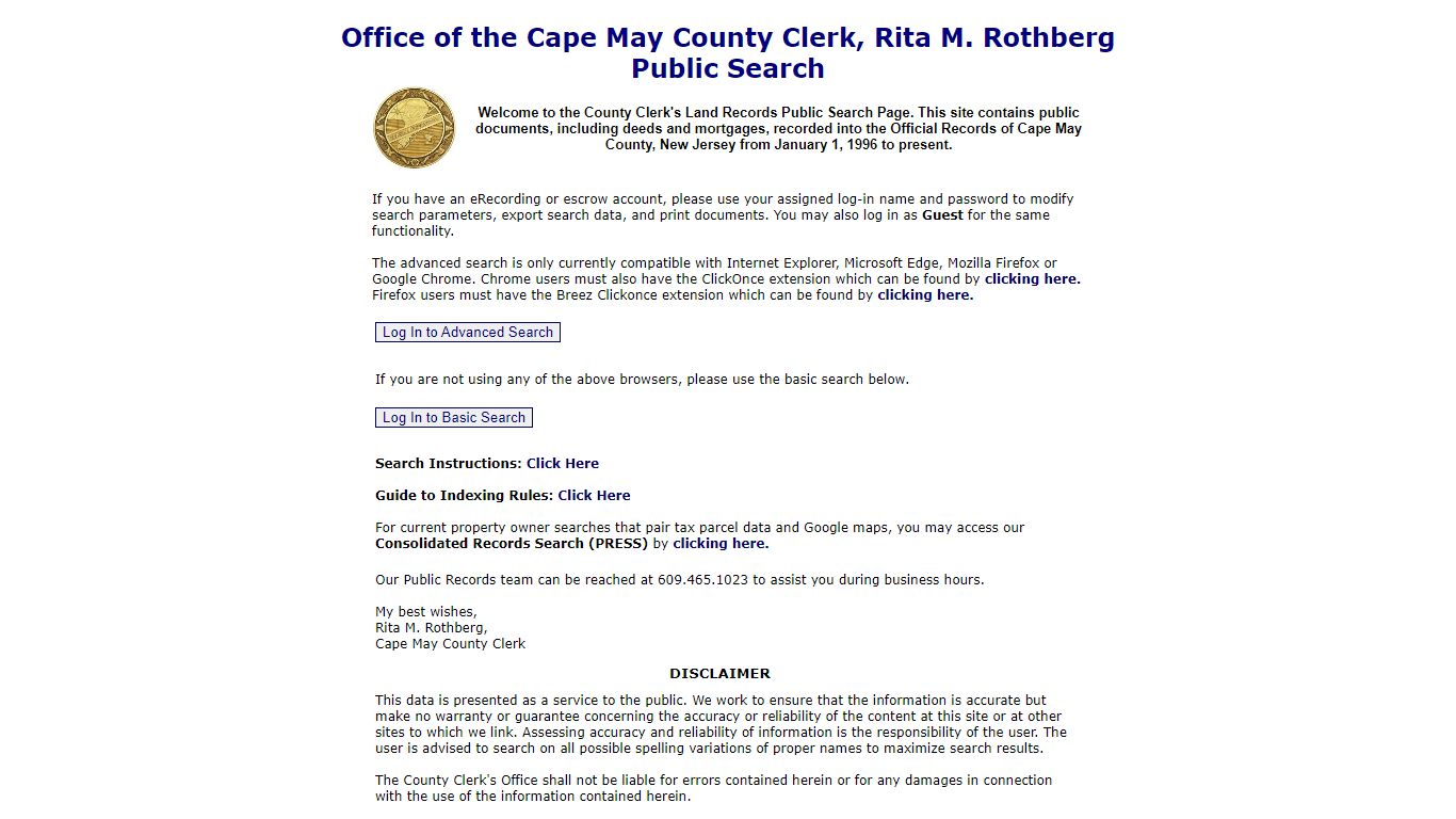 Office of the Cape May County Clerk, Rita M. Rothberg Public Search